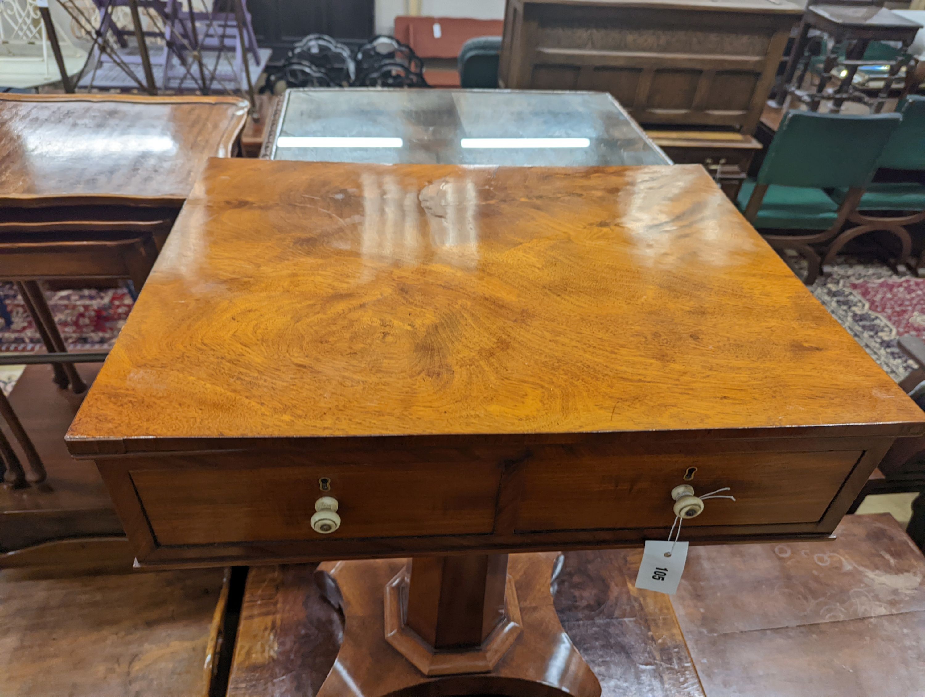 A Victorian mahogany two drawer work table, width 59cm, depth 45cm, height 72cm